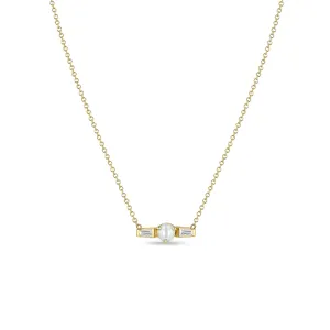 14k Pearl & Tapered Baguette Diamonds Necklace