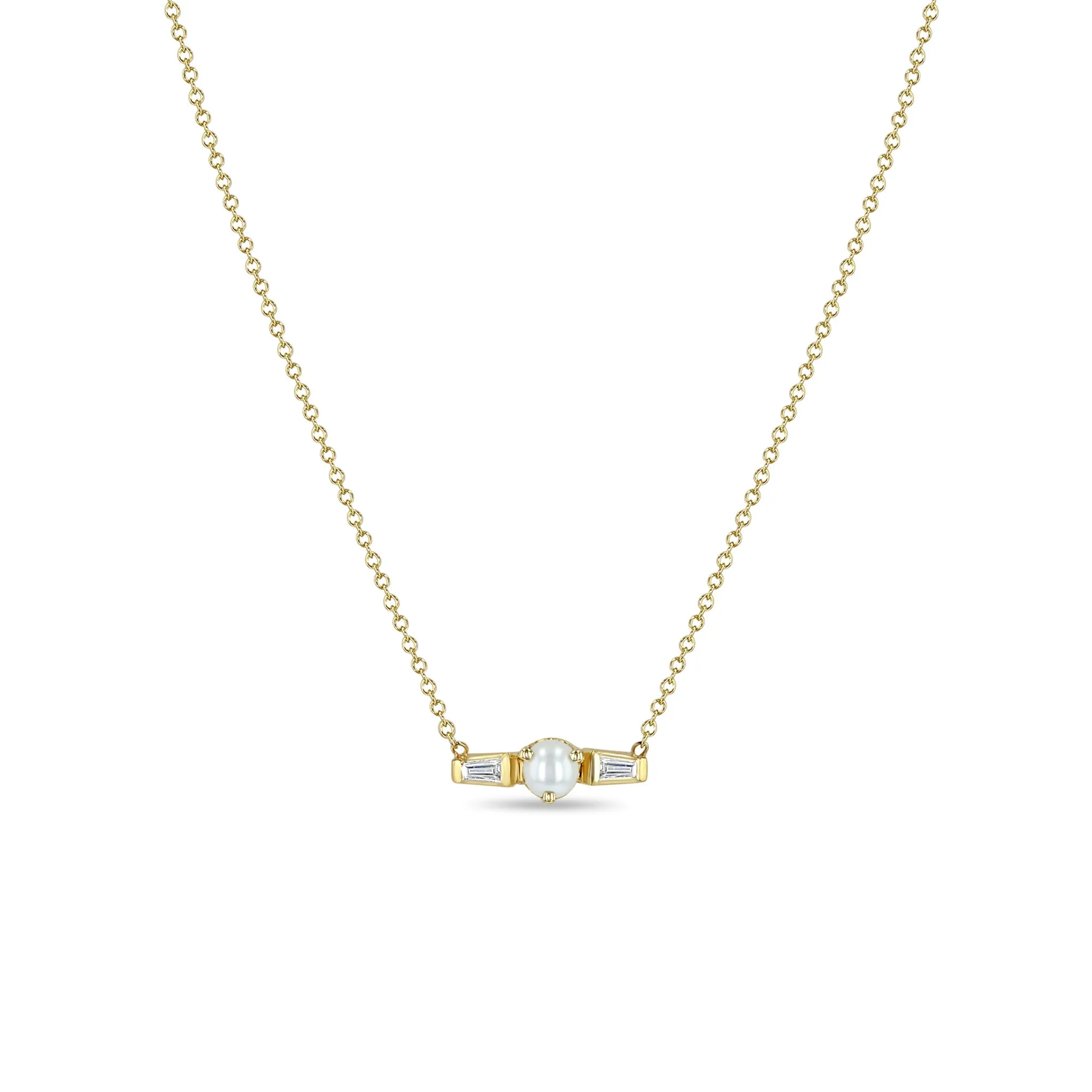 14k Pearl & Tapered Baguette Diamonds Necklace