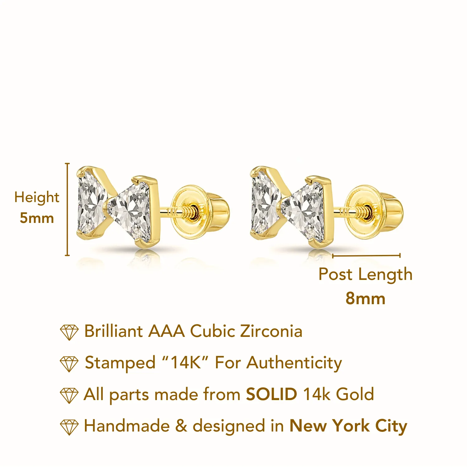 14k Solid Yellow Gold Triangle CZ Ribbon Bow Studs, With Screw on Screwbacks