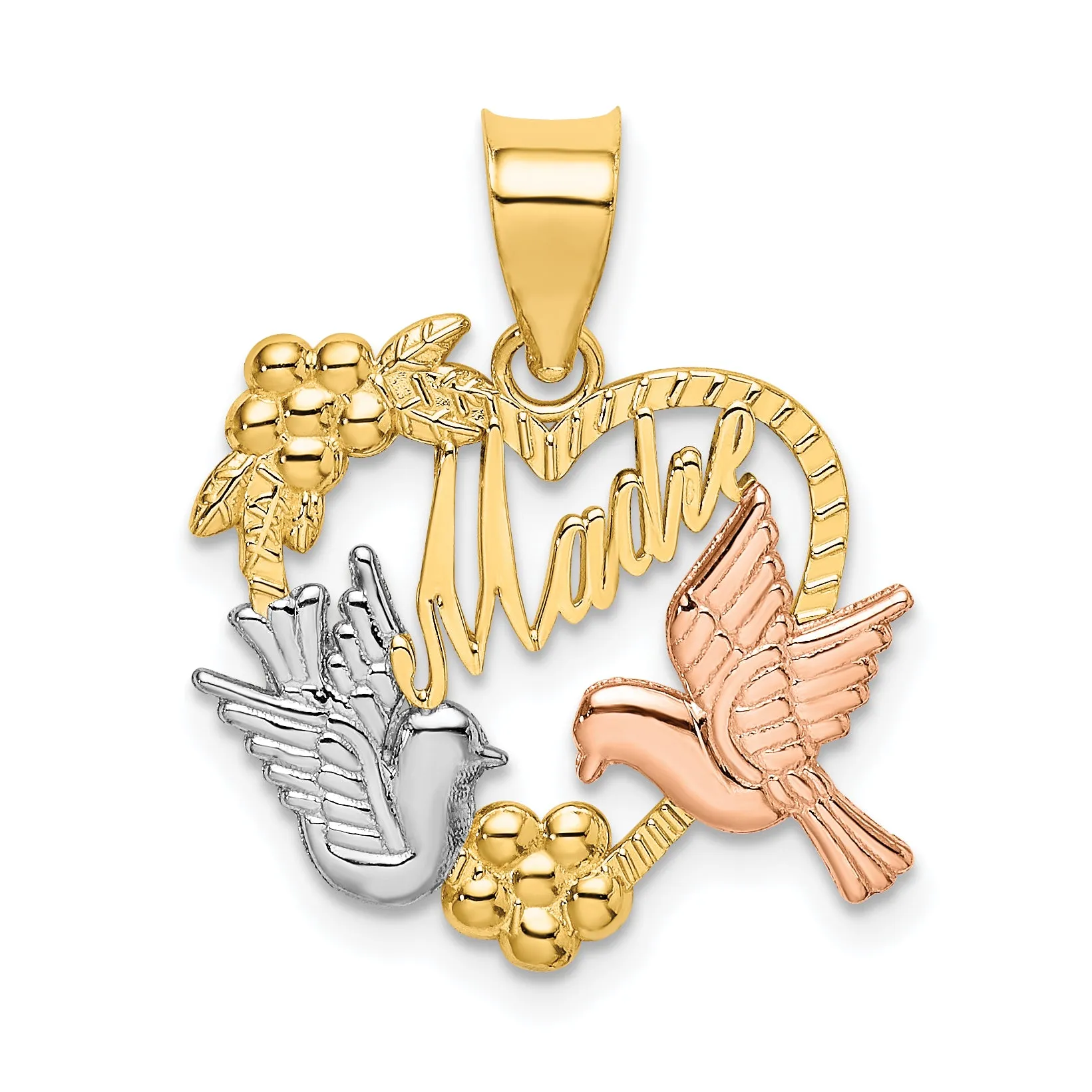 14k Two-Tone Gold MADRE Heart Doves Charm Pendant