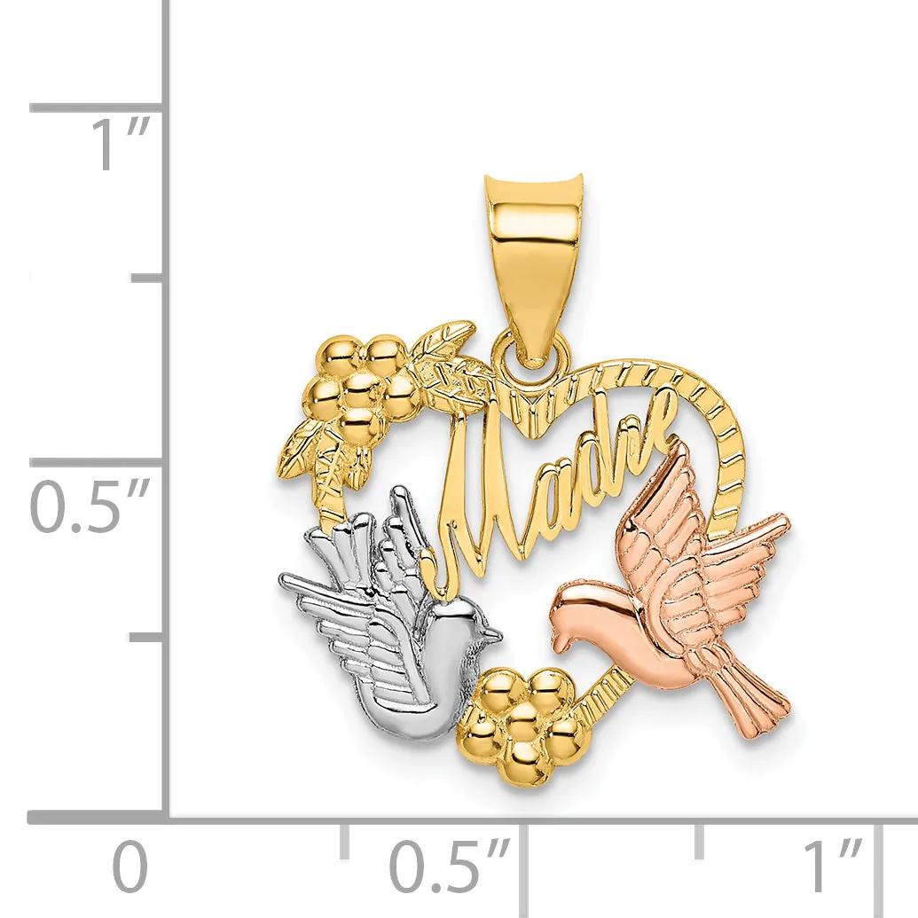 14k Two-Tone Gold MADRE Heart Doves Charm Pendant