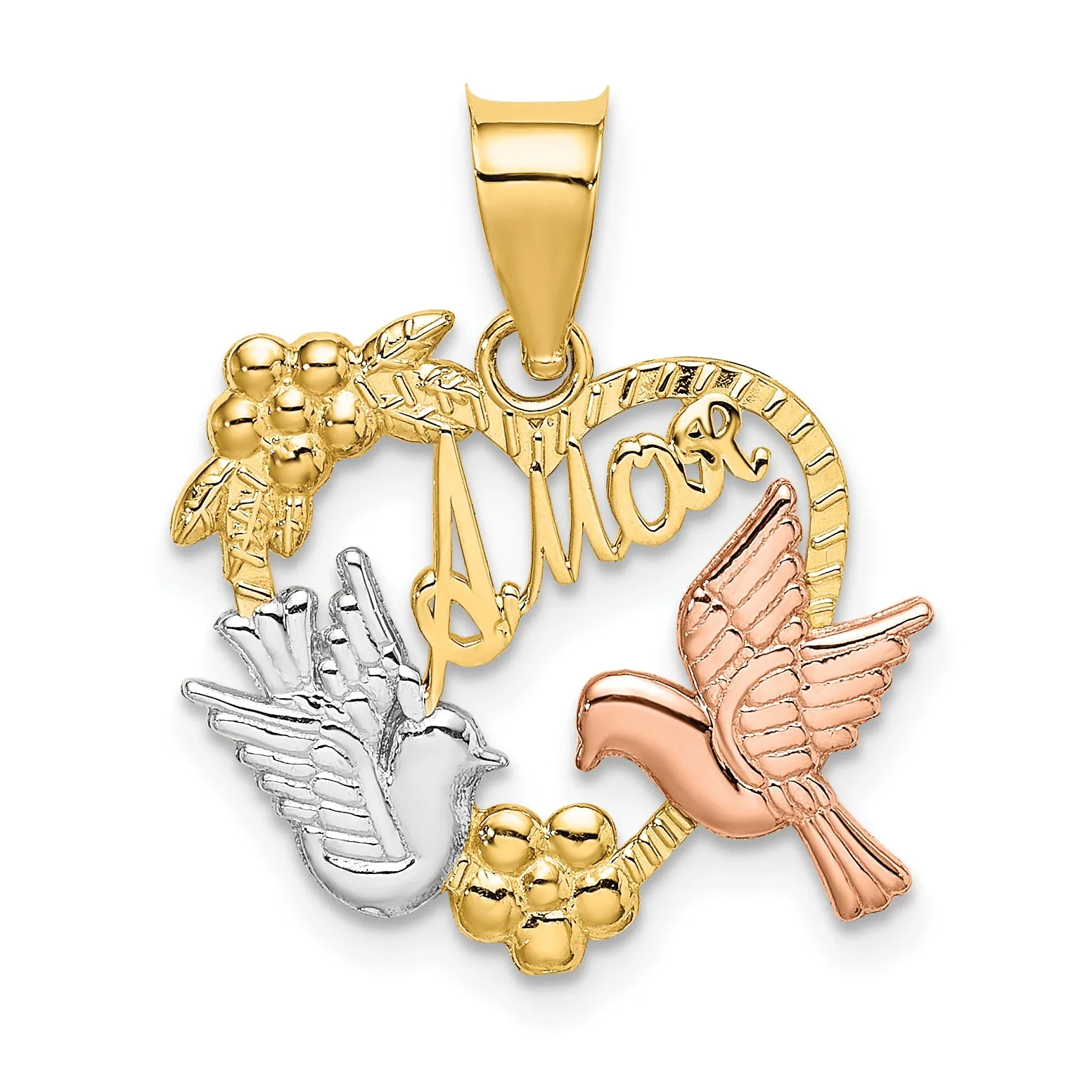 14k Two Tone Gold Rhodium AMOR Heart with Doves Pendant