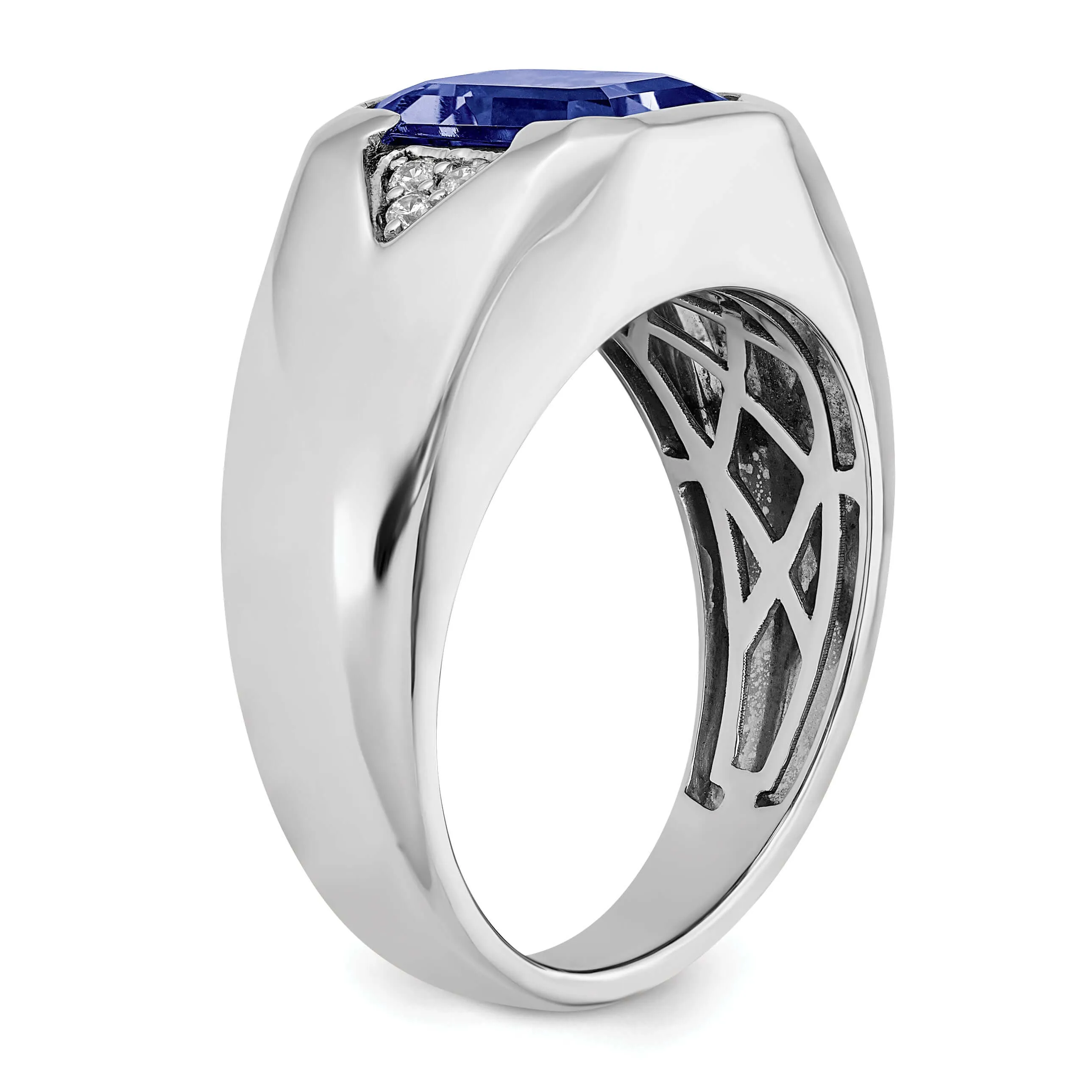 14k White Gold Emerald-cut Created Sapphire and Diamond Mens Ring…