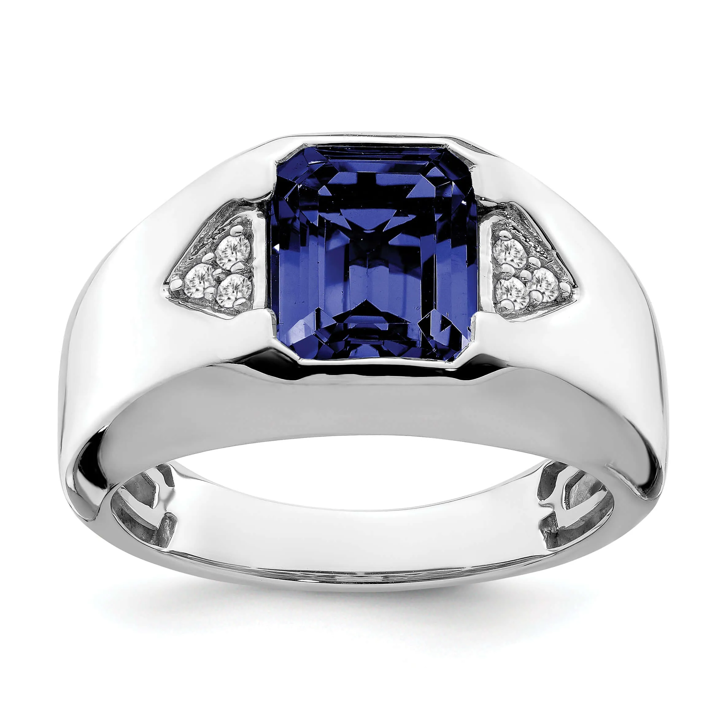 14k White Gold Emerald-cut Created Sapphire and Diamond Mens Ring…