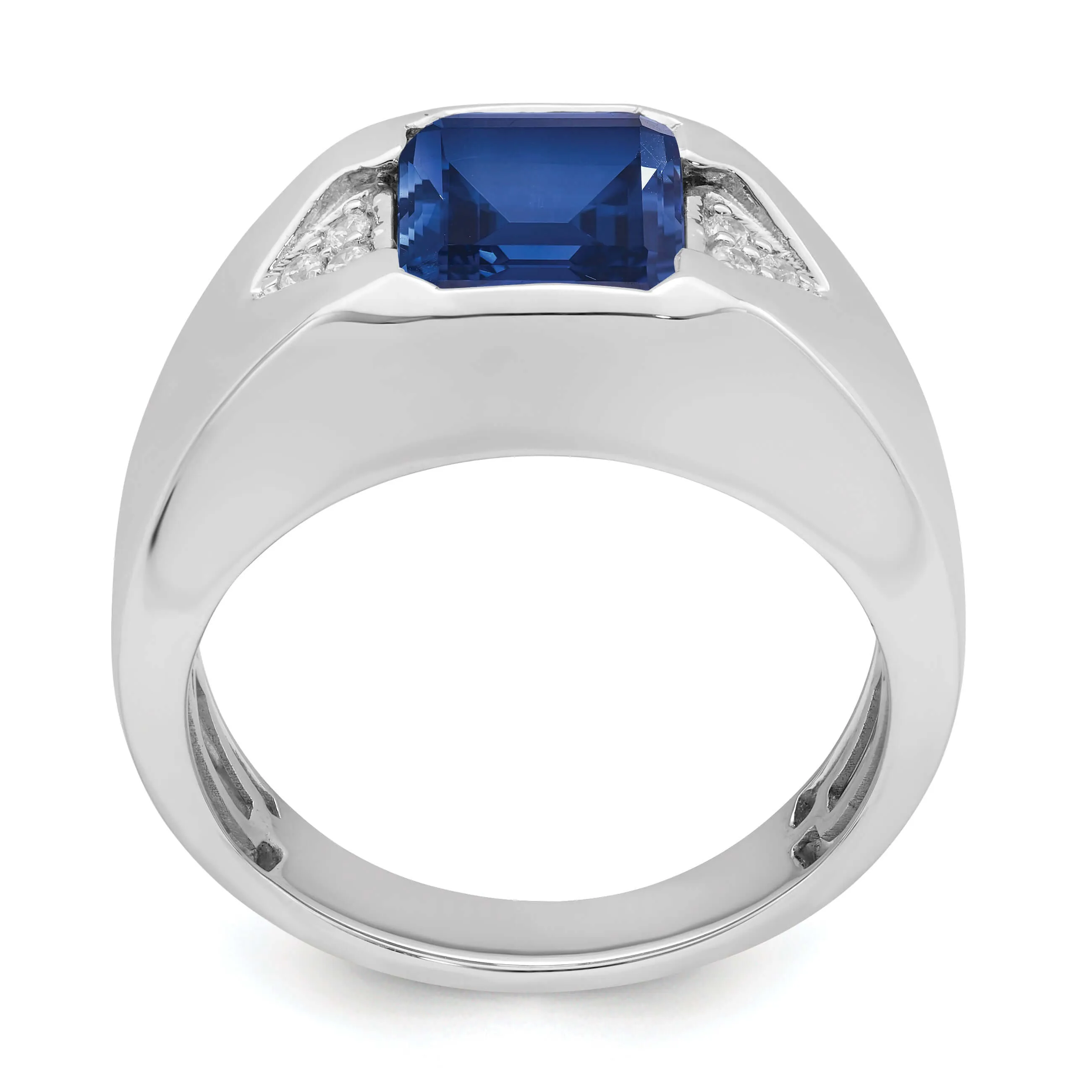 14k White Gold Emerald-cut Created Sapphire and Diamond Mens Ring…