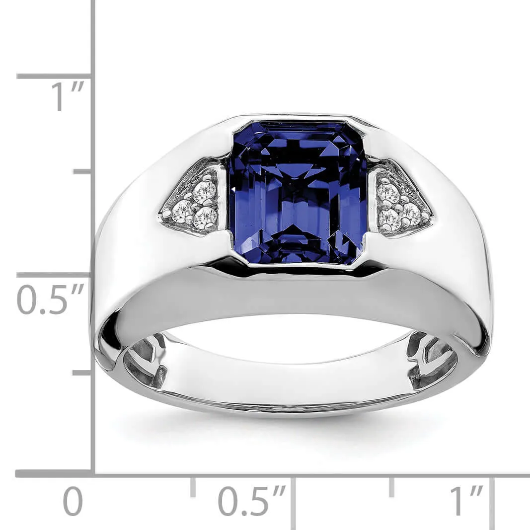 14k White Gold Emerald-cut Created Sapphire and Diamond Mens Ring…