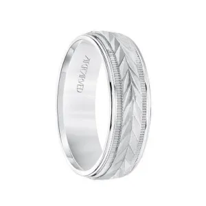 14k White Gold Wedding Band Flat Classic Wheat Motif Center Design with Coin Edge Accent Round Edges- 6.5 mm