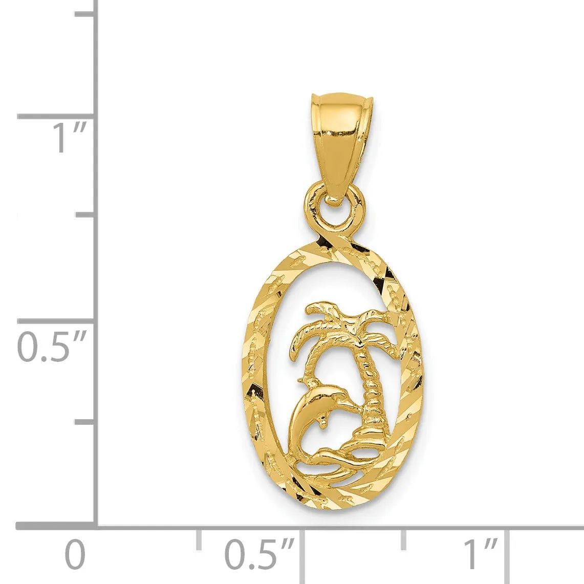 14K Yello w Gold Soild Polished Diamond Cut Finish Dolphin and Palm Design Tree Charm Pendant