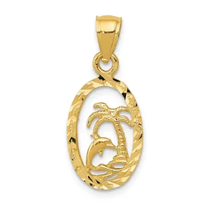 14K Yello w Gold Soild Polished Diamond Cut Finish Dolphin and Palm Design Tree Charm Pendant