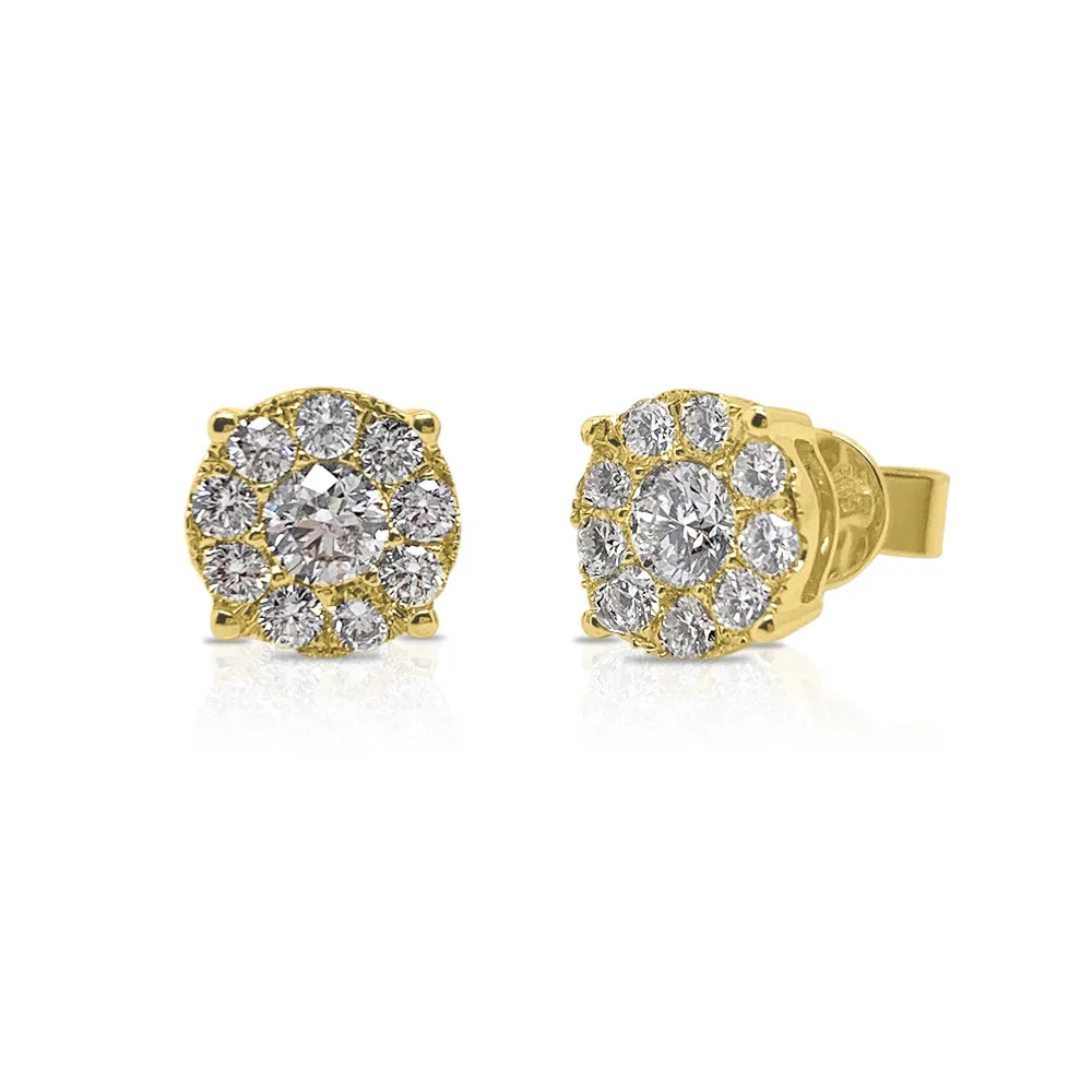 14K Yellow Gold Diamond Cluster Stud Earrings