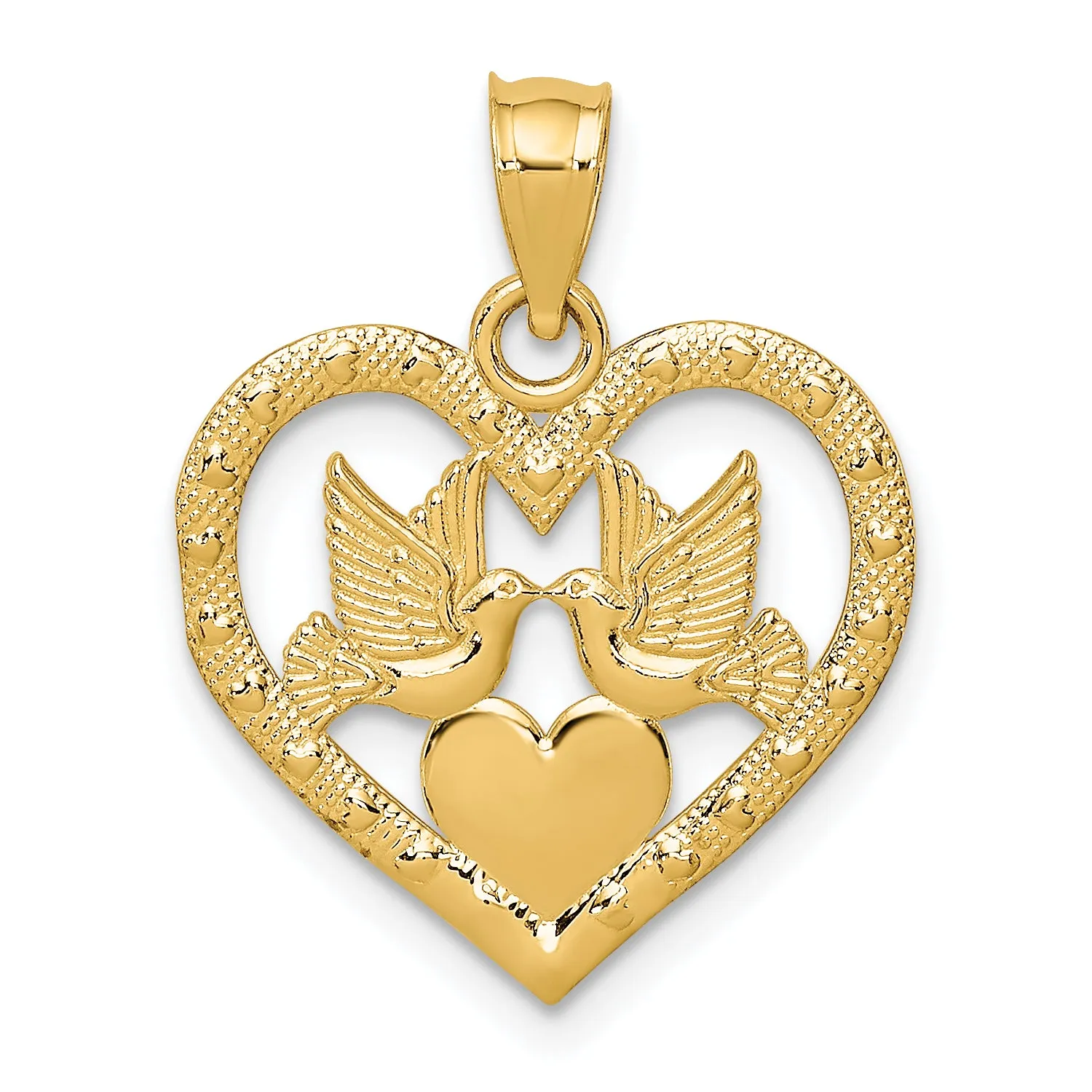 14k Yellow Gold Doves In Heart Pendant