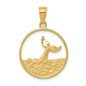 14k Yellow Gold Solid Polished Finish Whale Tail in Circle Design with Waves Charm Pendant