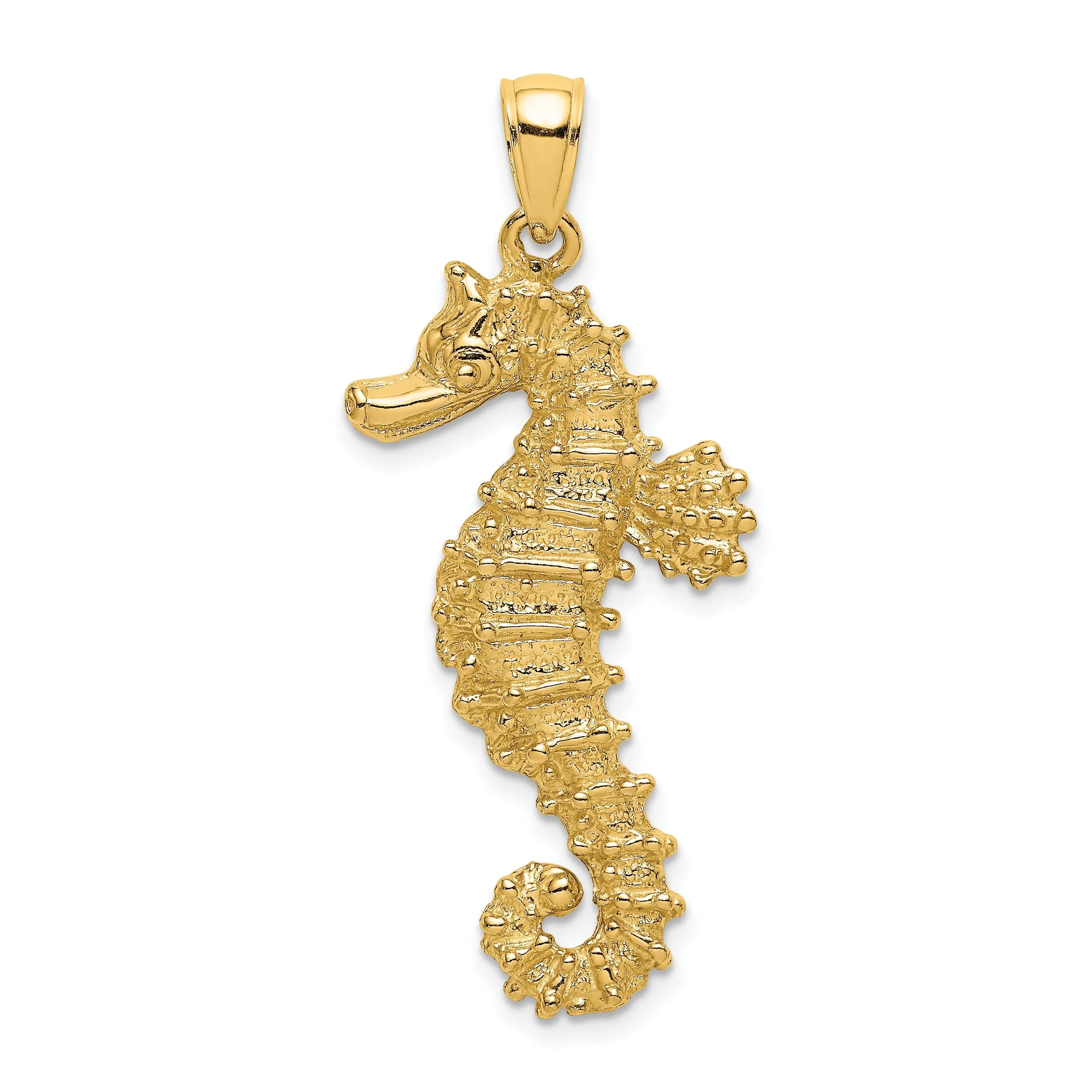 14K Yellow Gold Solid Texture Polished Finish Opend Back Seahorse Charm Pendant