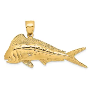 14K Yellow Gold Textured Polished Finish 3-Dimensional Female Dorado Mahi-Mahi Charm Pendant