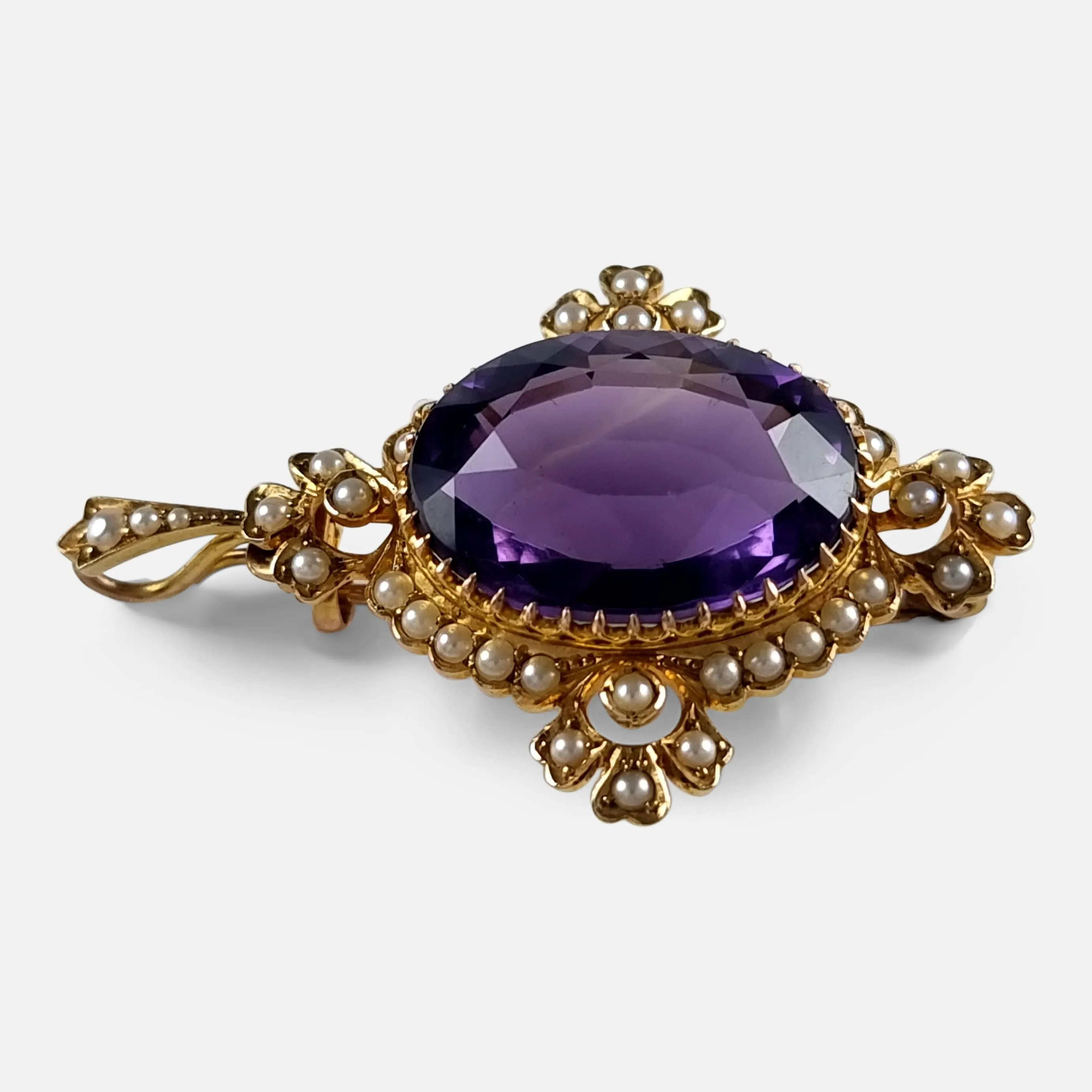 15ct Gold Amethyst and Seed Pearl Pendant Brooch