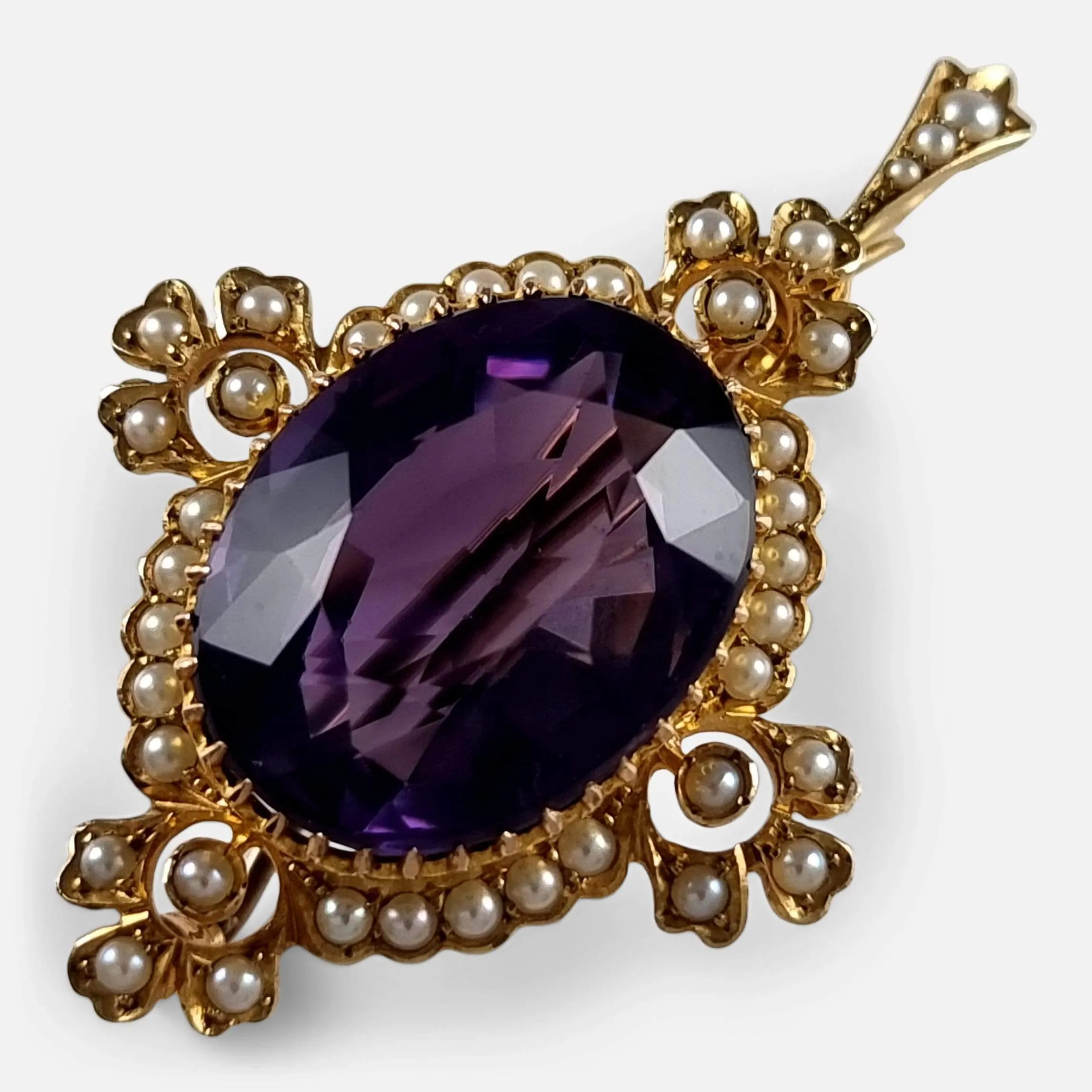 15ct Gold Amethyst and Seed Pearl Pendant Brooch