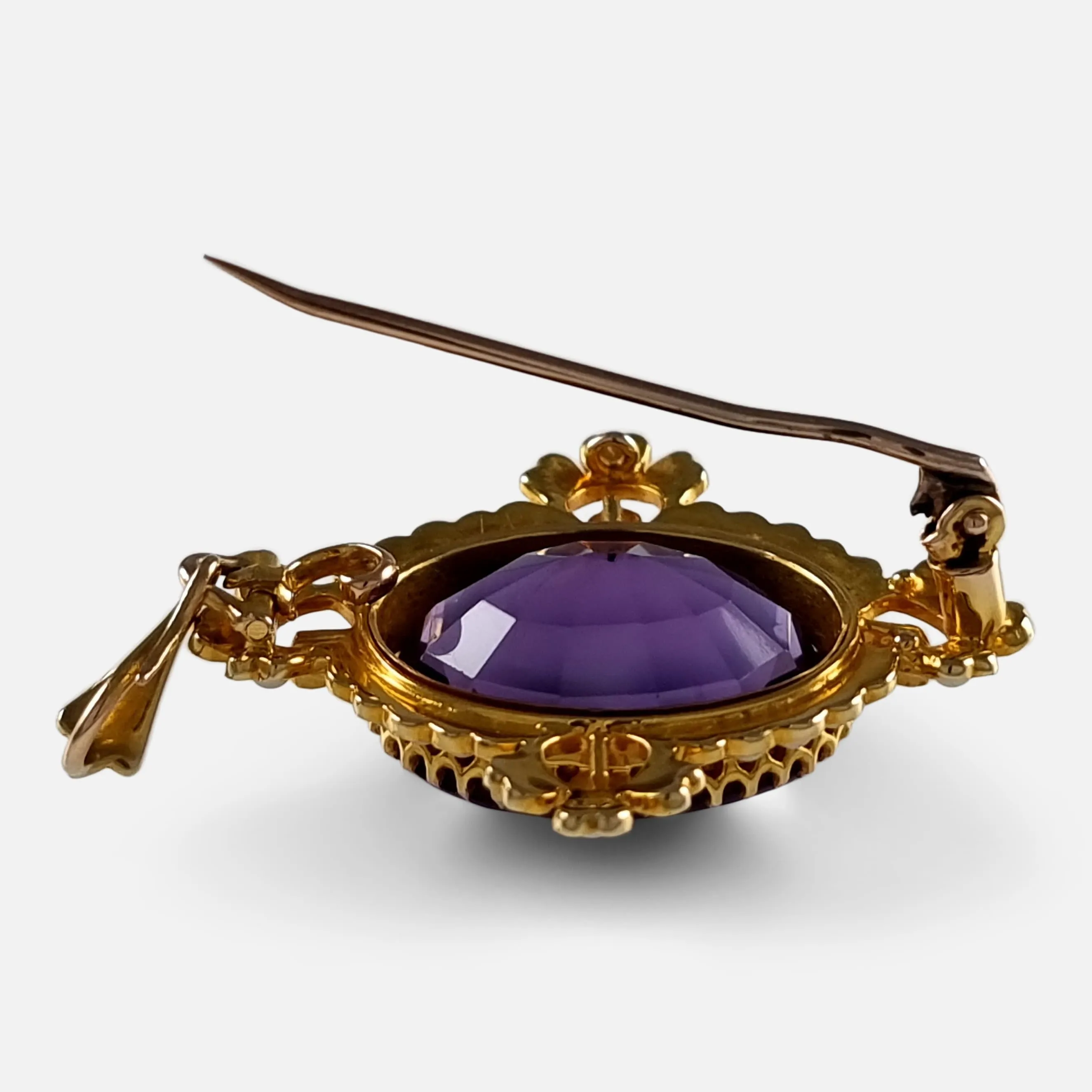 15ct Gold Amethyst and Seed Pearl Pendant Brooch