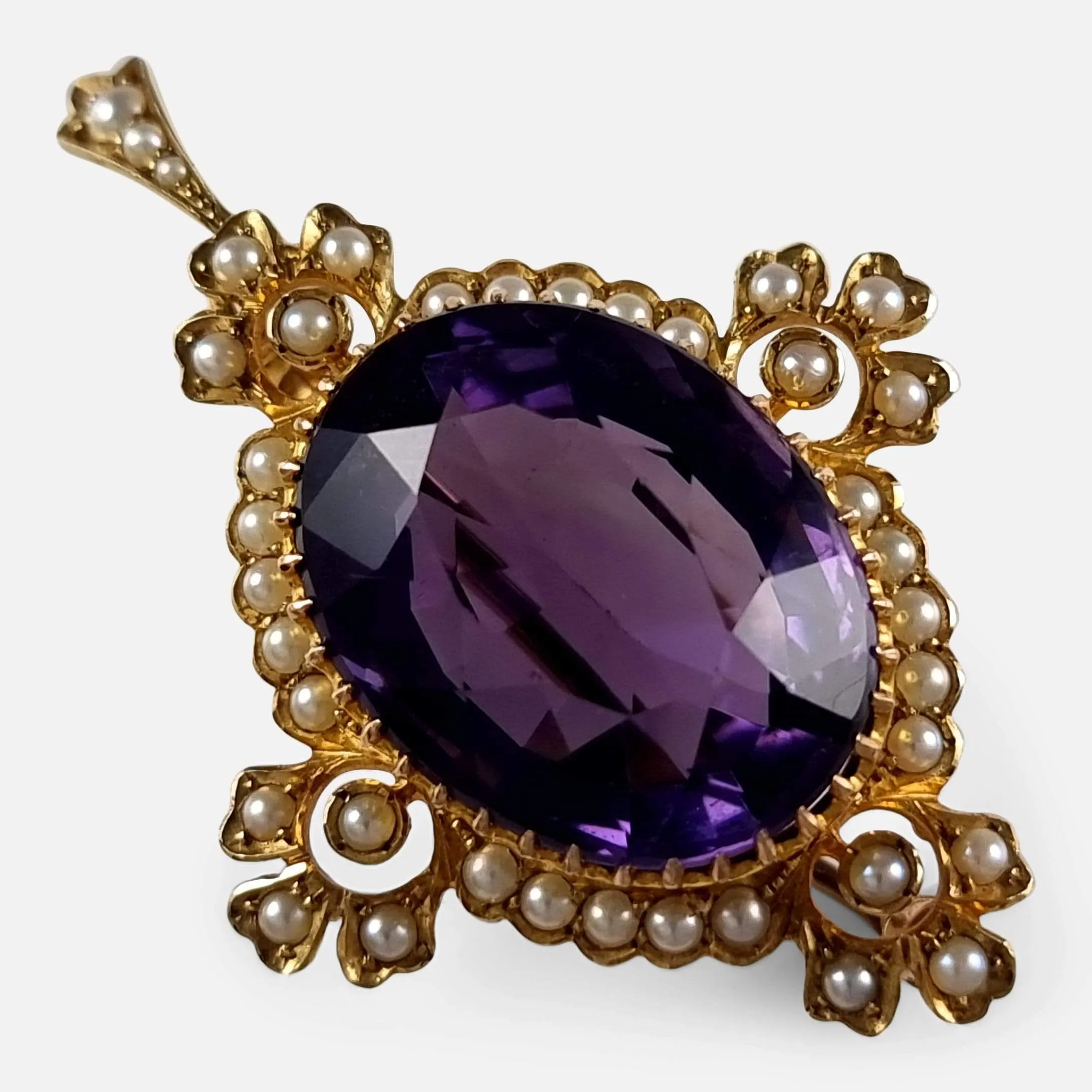 15ct Gold Amethyst and Seed Pearl Pendant Brooch