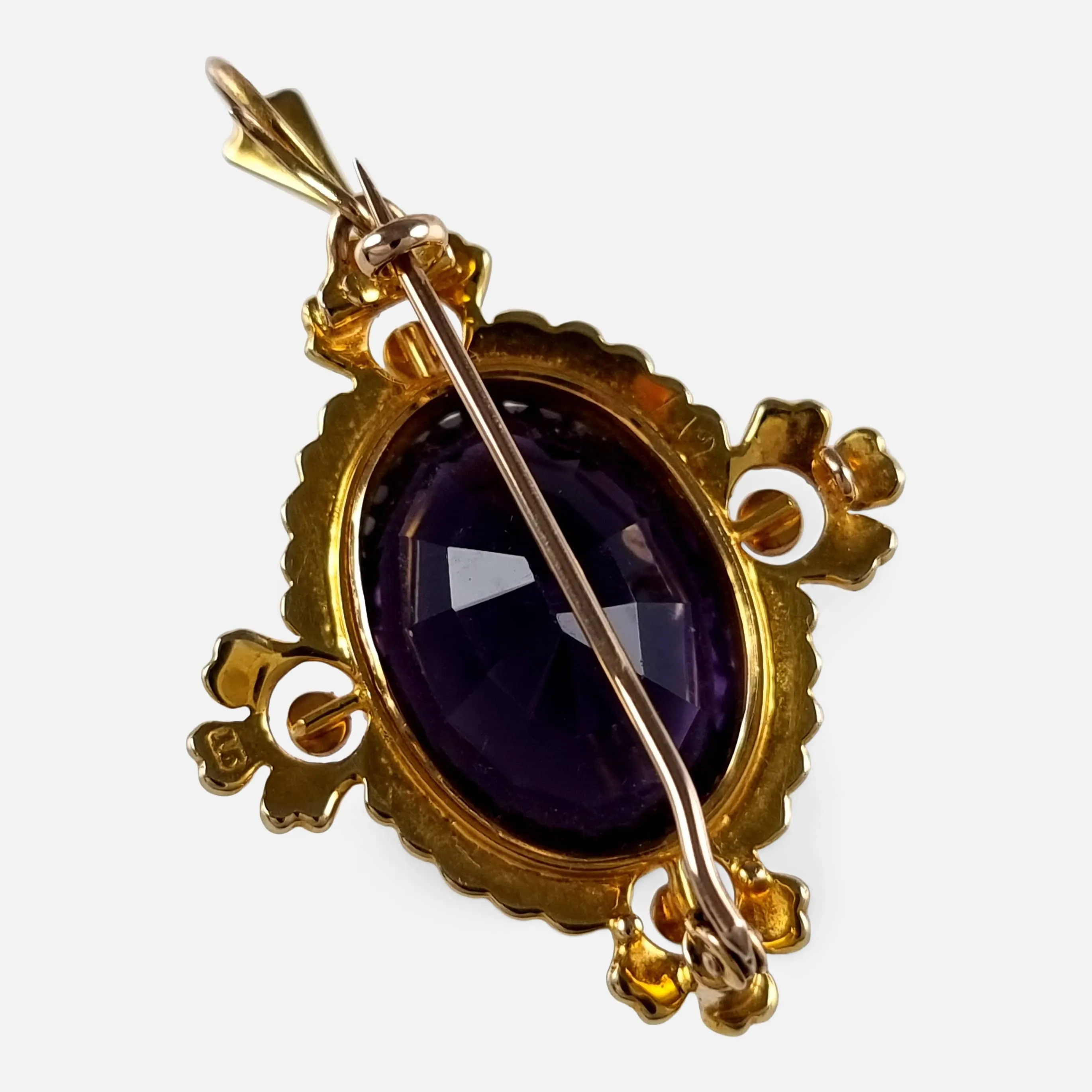 15ct Gold Amethyst and Seed Pearl Pendant Brooch