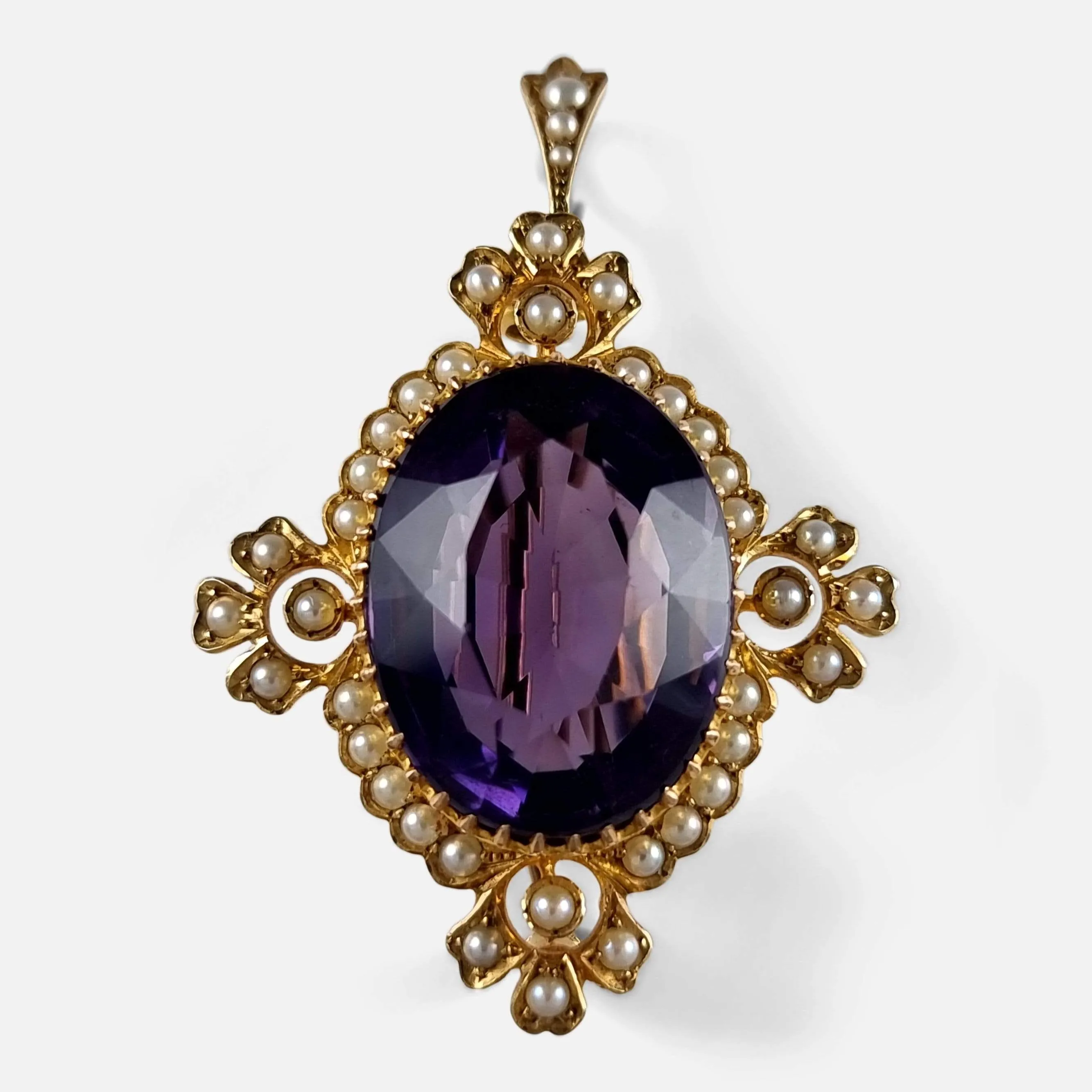 15ct Gold Amethyst and Seed Pearl Pendant Brooch