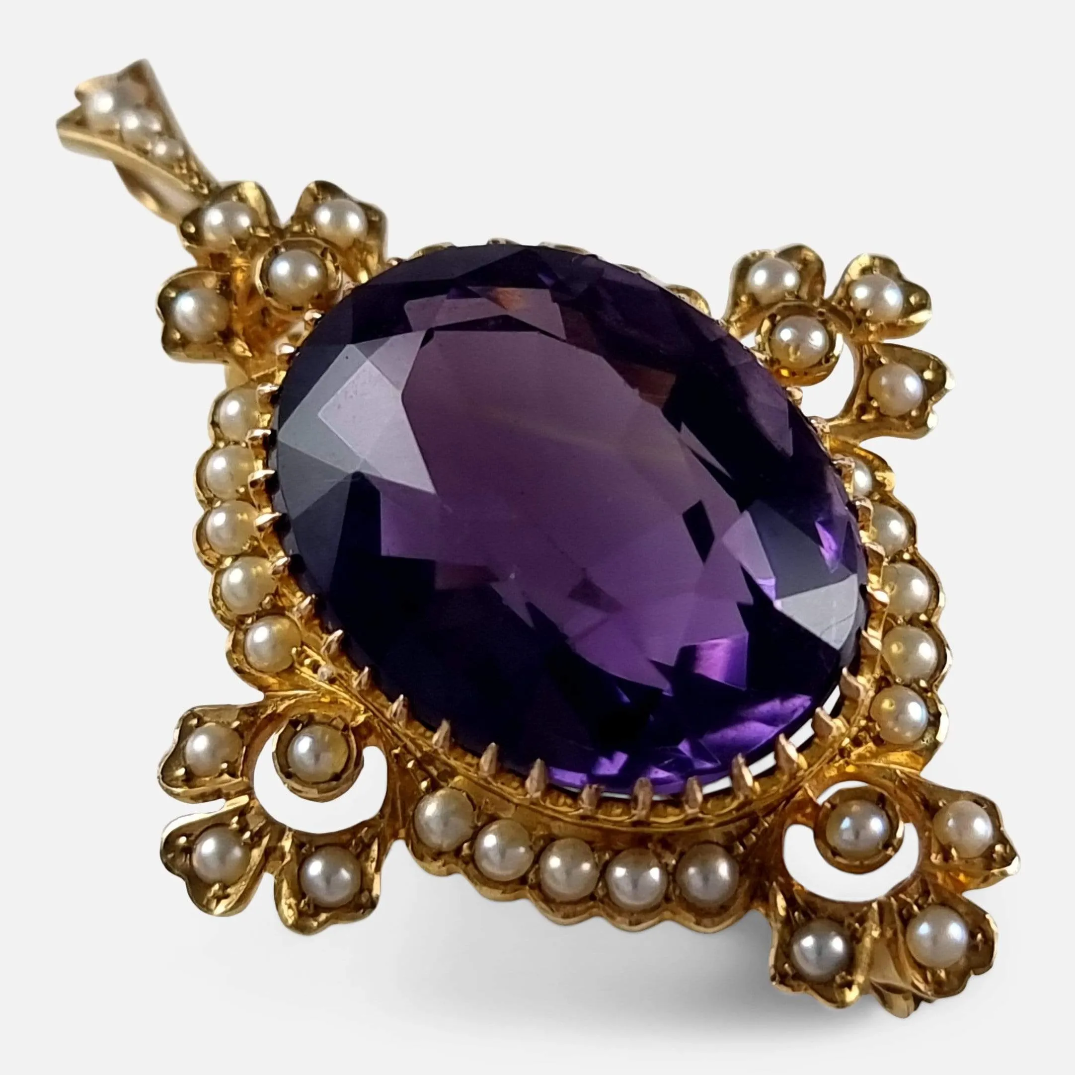 15ct Gold Amethyst and Seed Pearl Pendant Brooch