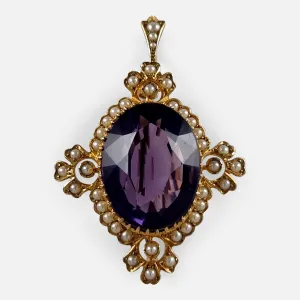 15ct Gold Amethyst and Seed Pearl Pendant Brooch