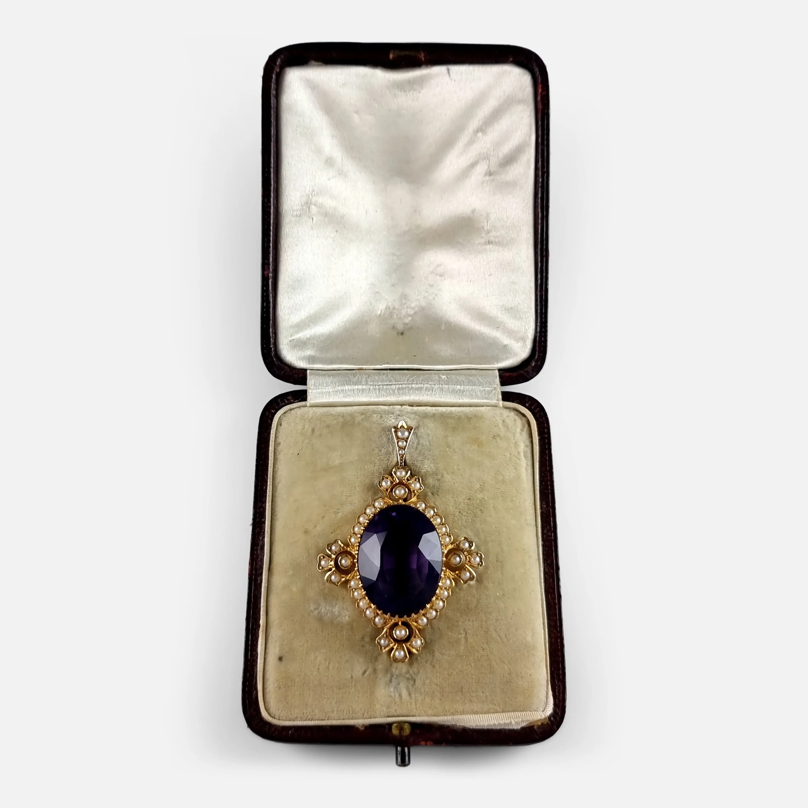 15ct Gold Amethyst and Seed Pearl Pendant Brooch