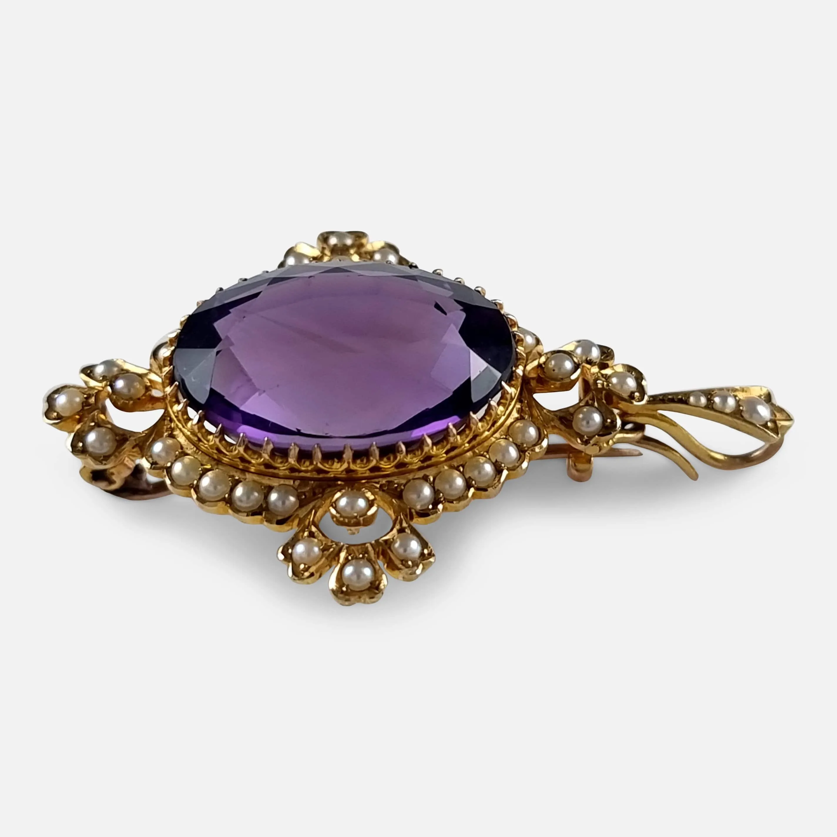 15ct Gold Amethyst and Seed Pearl Pendant Brooch