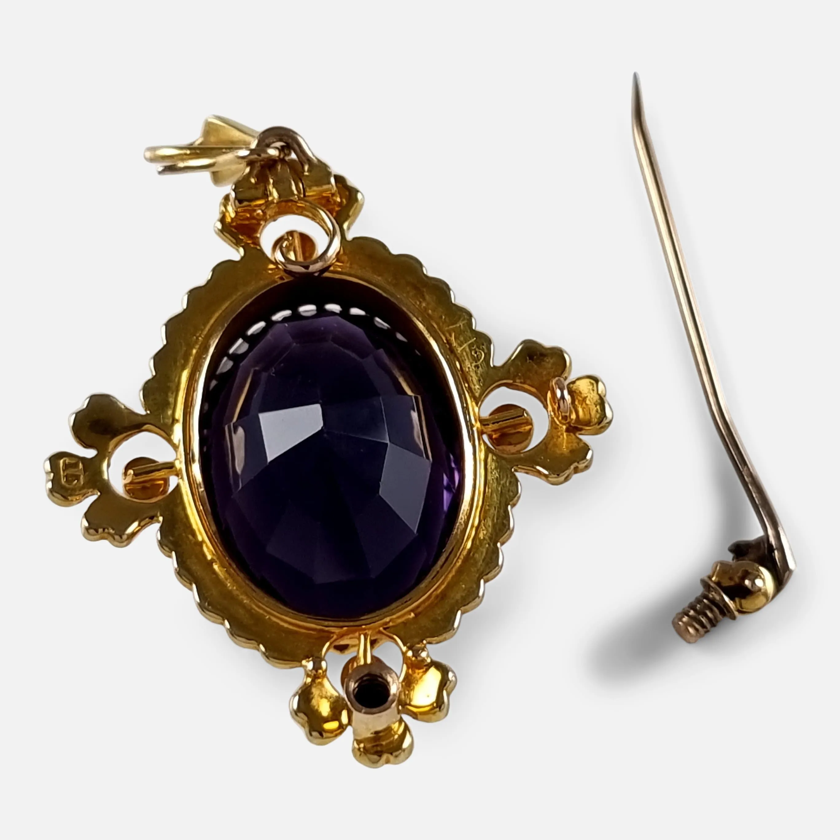 15ct Gold Amethyst and Seed Pearl Pendant Brooch