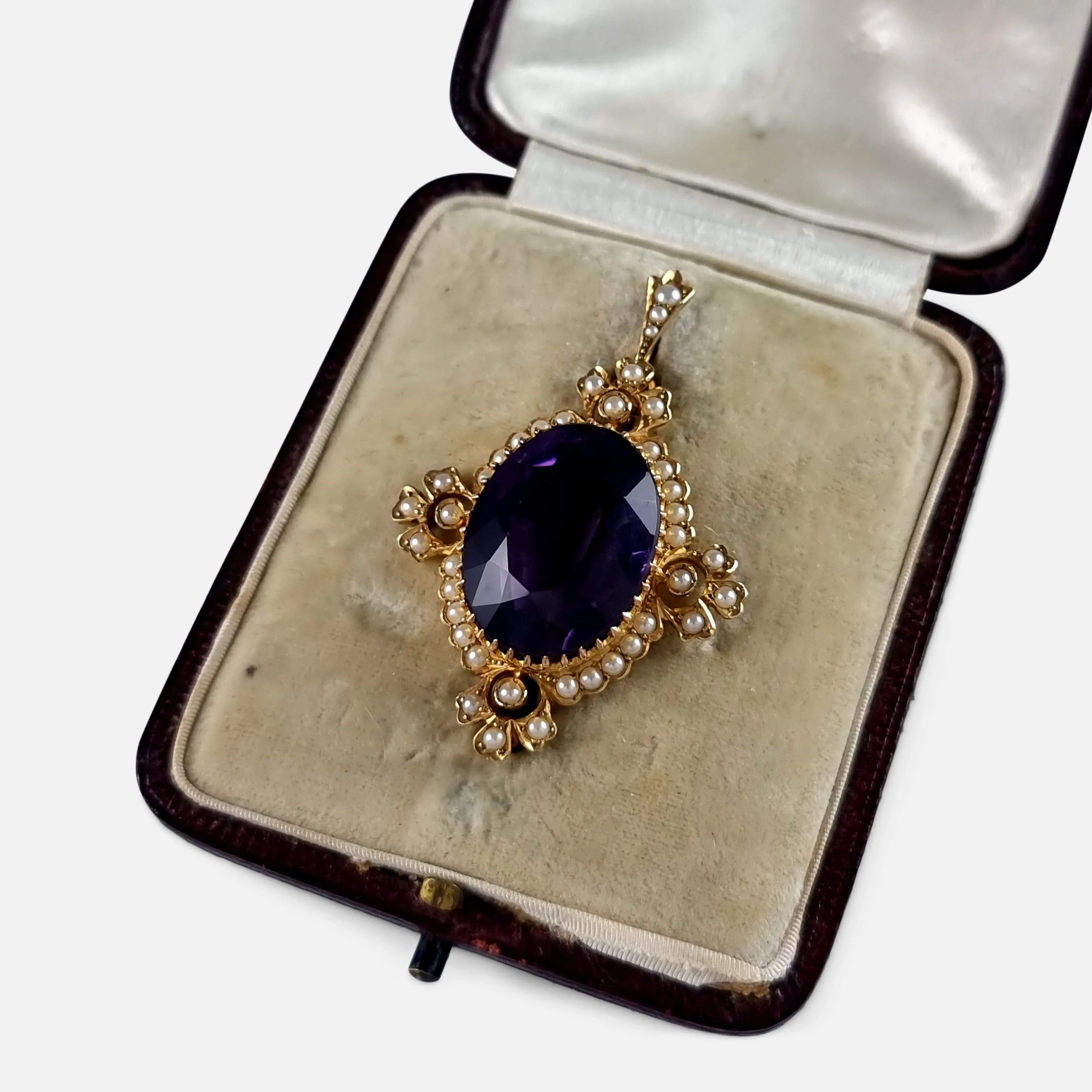 15ct Gold Amethyst and Seed Pearl Pendant Brooch