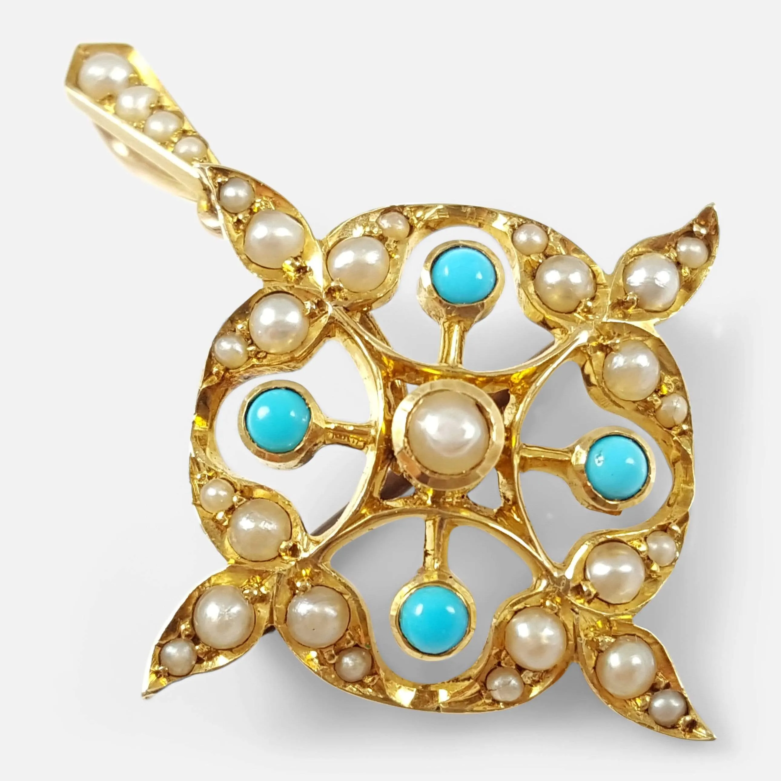 15ct Gold Turquoise Cabochon and Seed Pearl Pendant Brooch