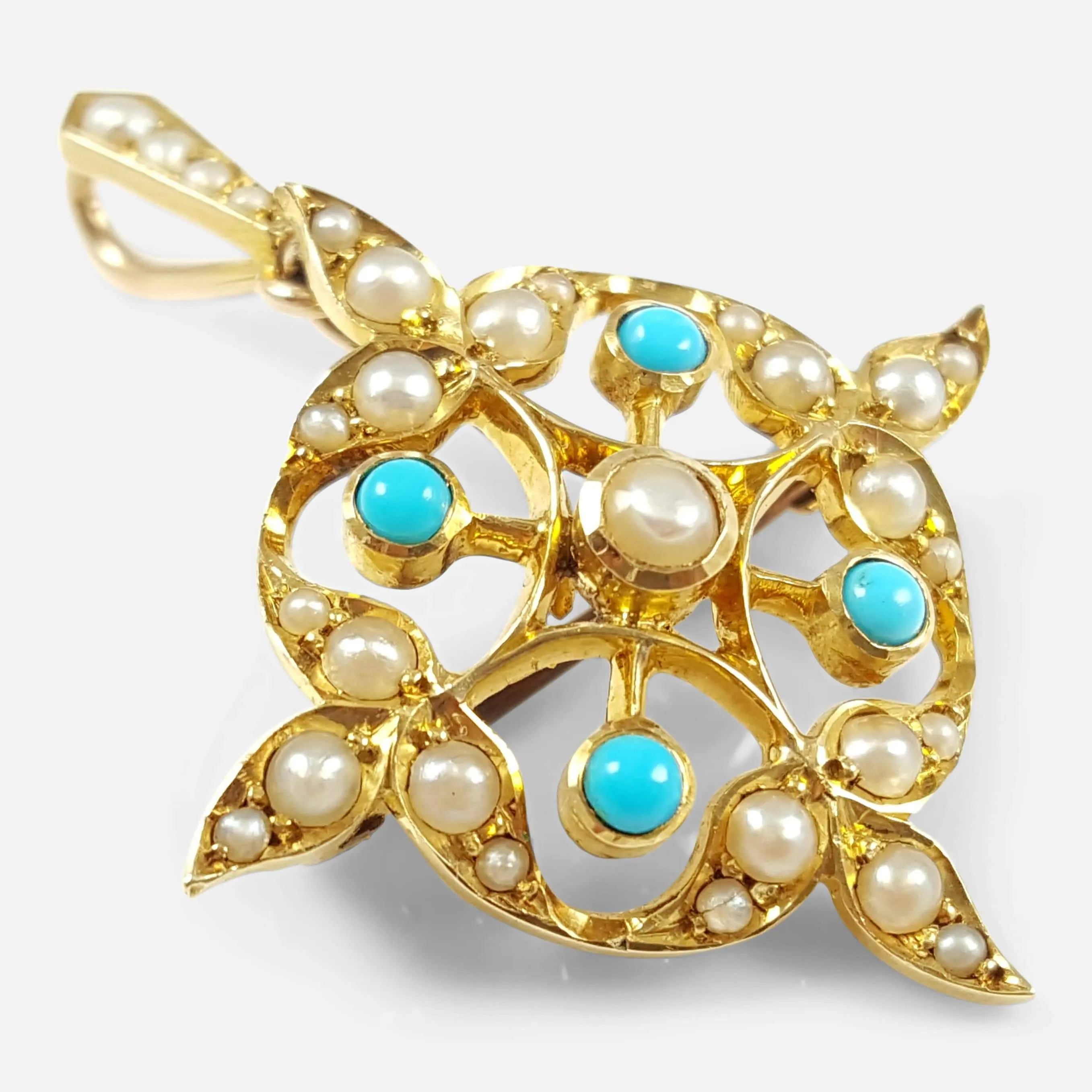 15ct Gold Turquoise Cabochon and Seed Pearl Pendant Brooch