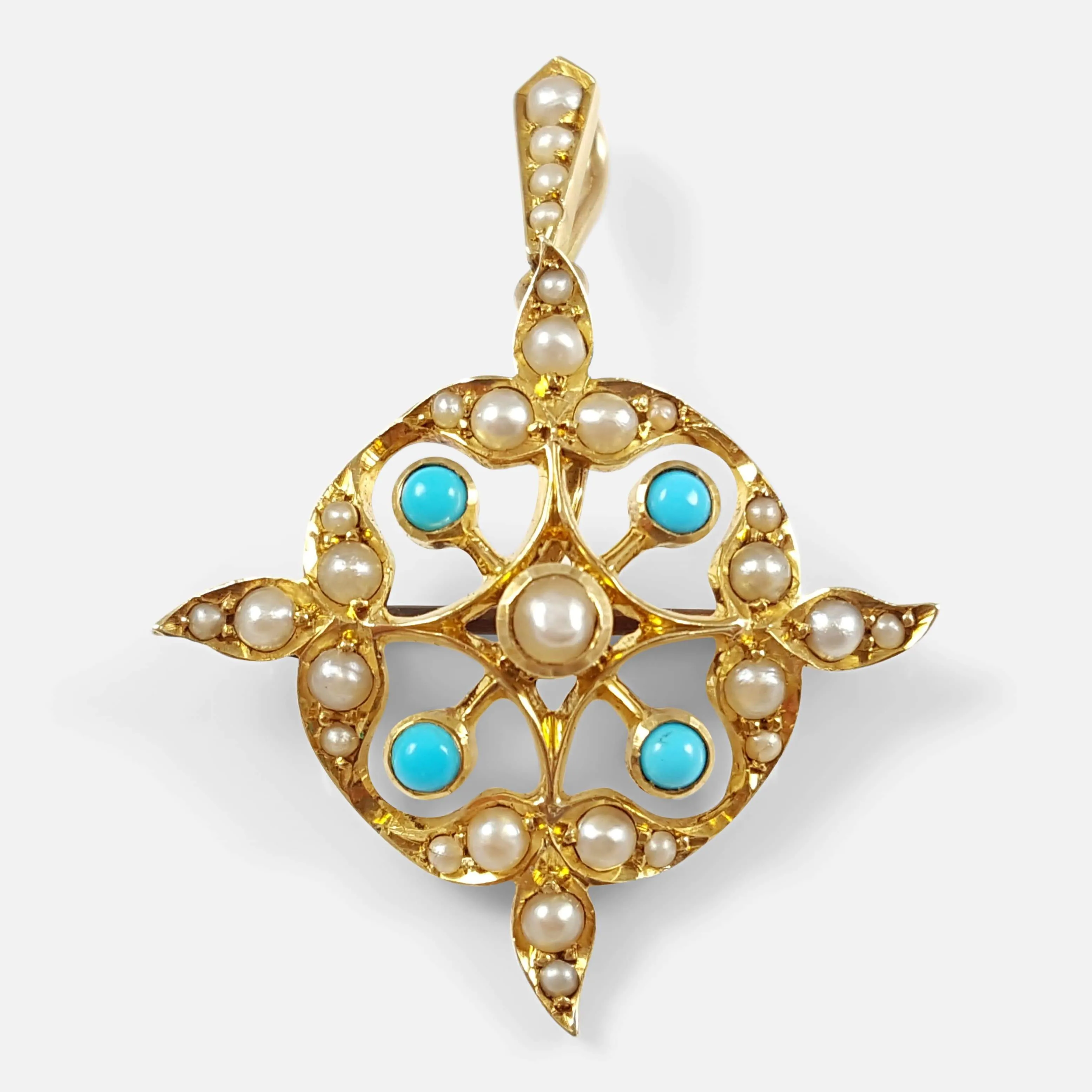 15ct Gold Turquoise Cabochon and Seed Pearl Pendant Brooch