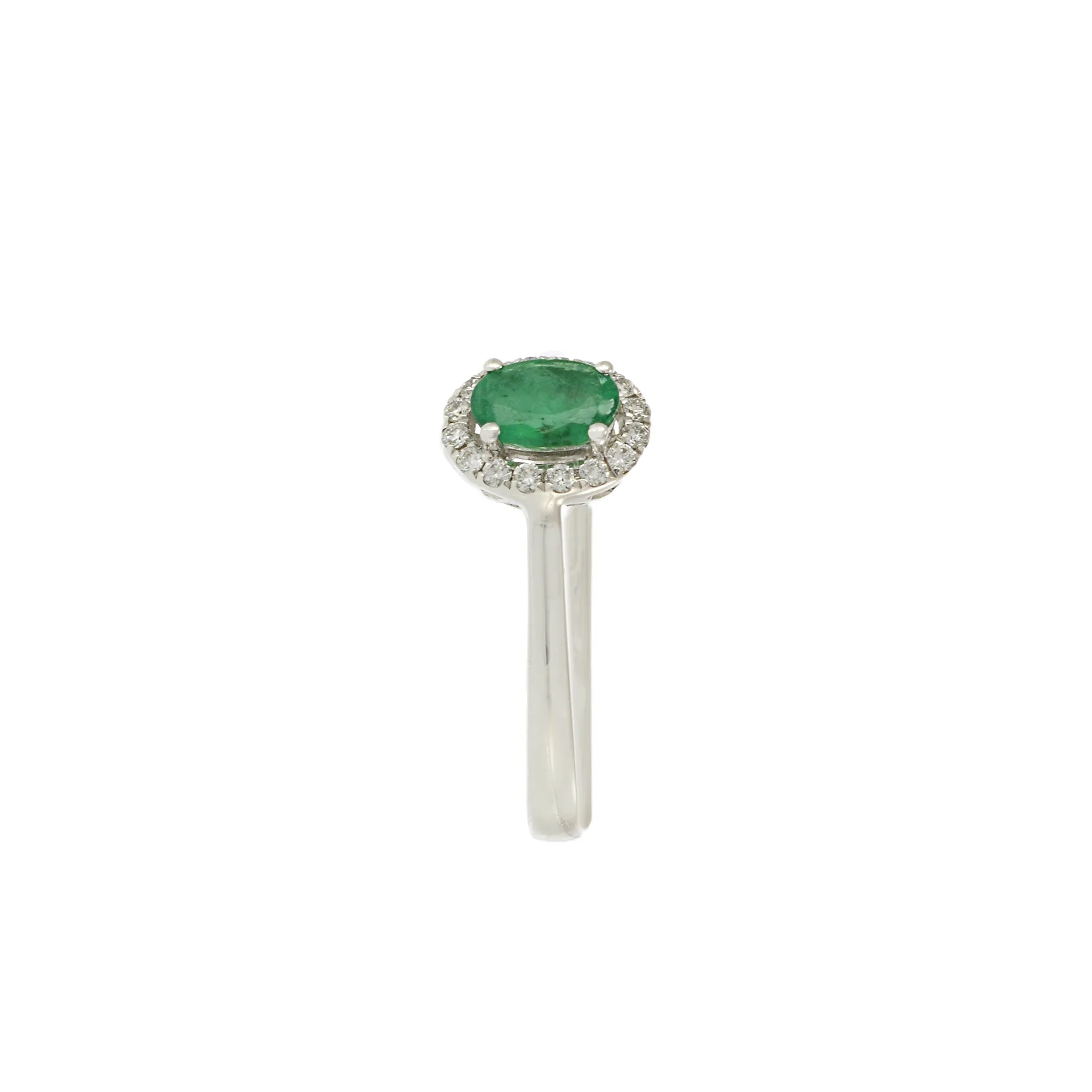 18KT White Gold Oval Emerald Halo Ring with Diamonds