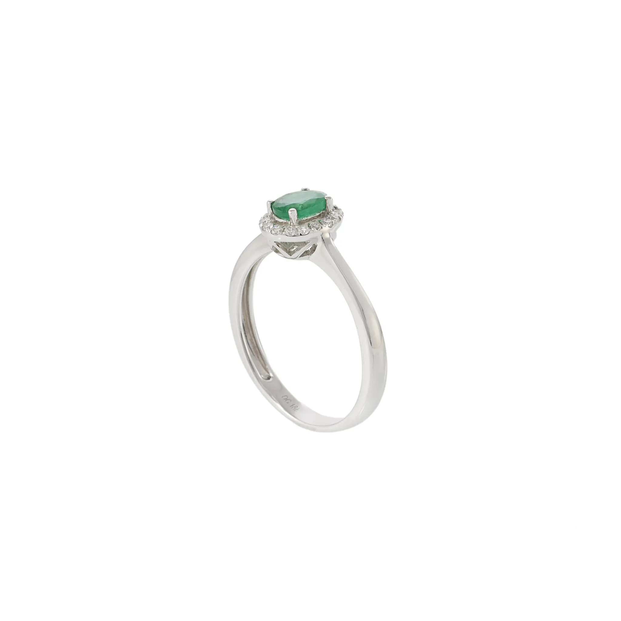 18KT White Gold Oval Emerald Halo Ring with Diamonds