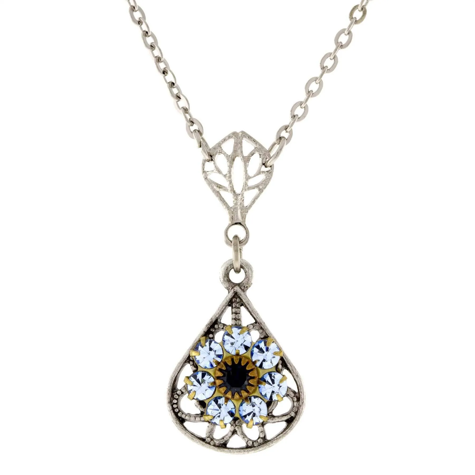 1928 Jewelry Flower Crystal Cluster Teardrop Pendant Necklace 16"   3" Extender