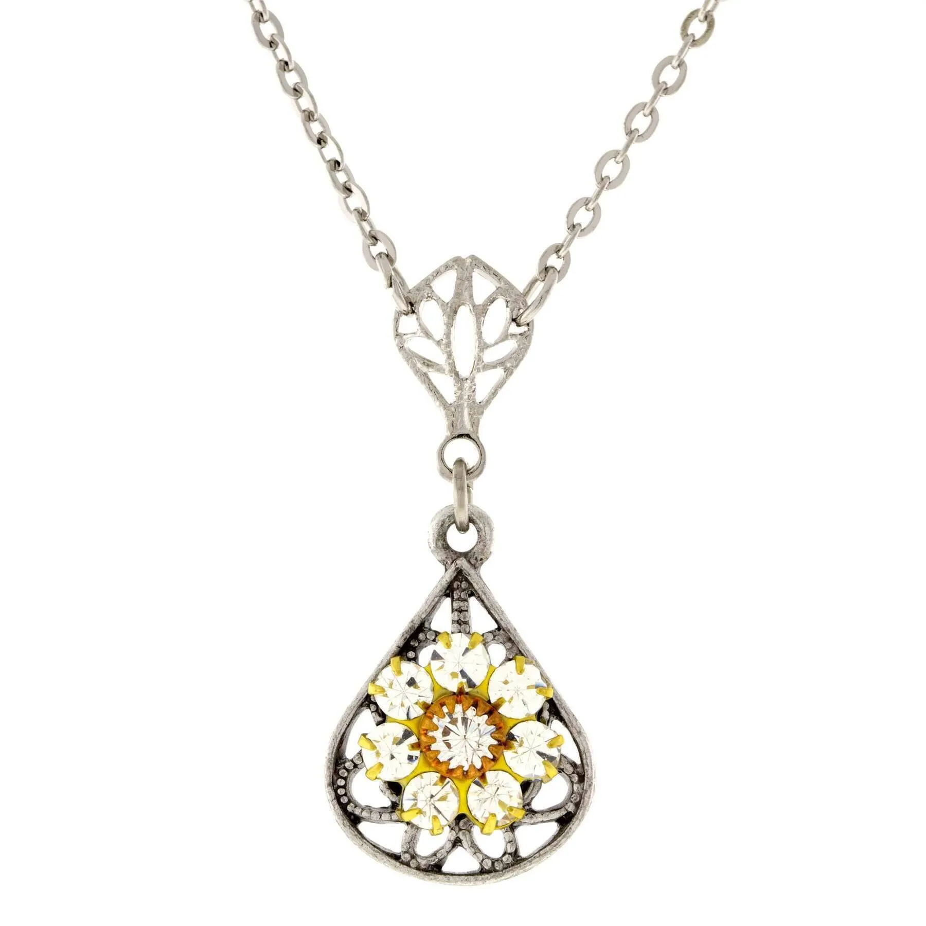 1928 Jewelry Flower Crystal Cluster Teardrop Pendant Necklace 16"   3" Extender