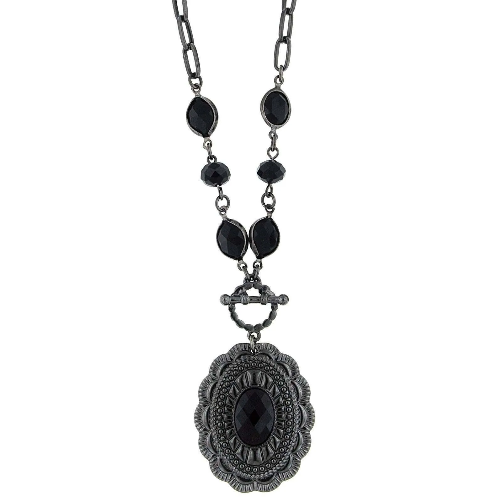 1928 Jewelry Jet Black Stone Pendant & Chain Necklace 18"   3" Extender