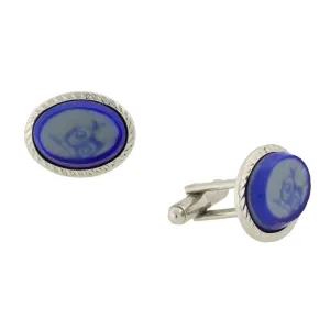 1928 Jewelry Oval Blue And White Glass Stone Cufflinks