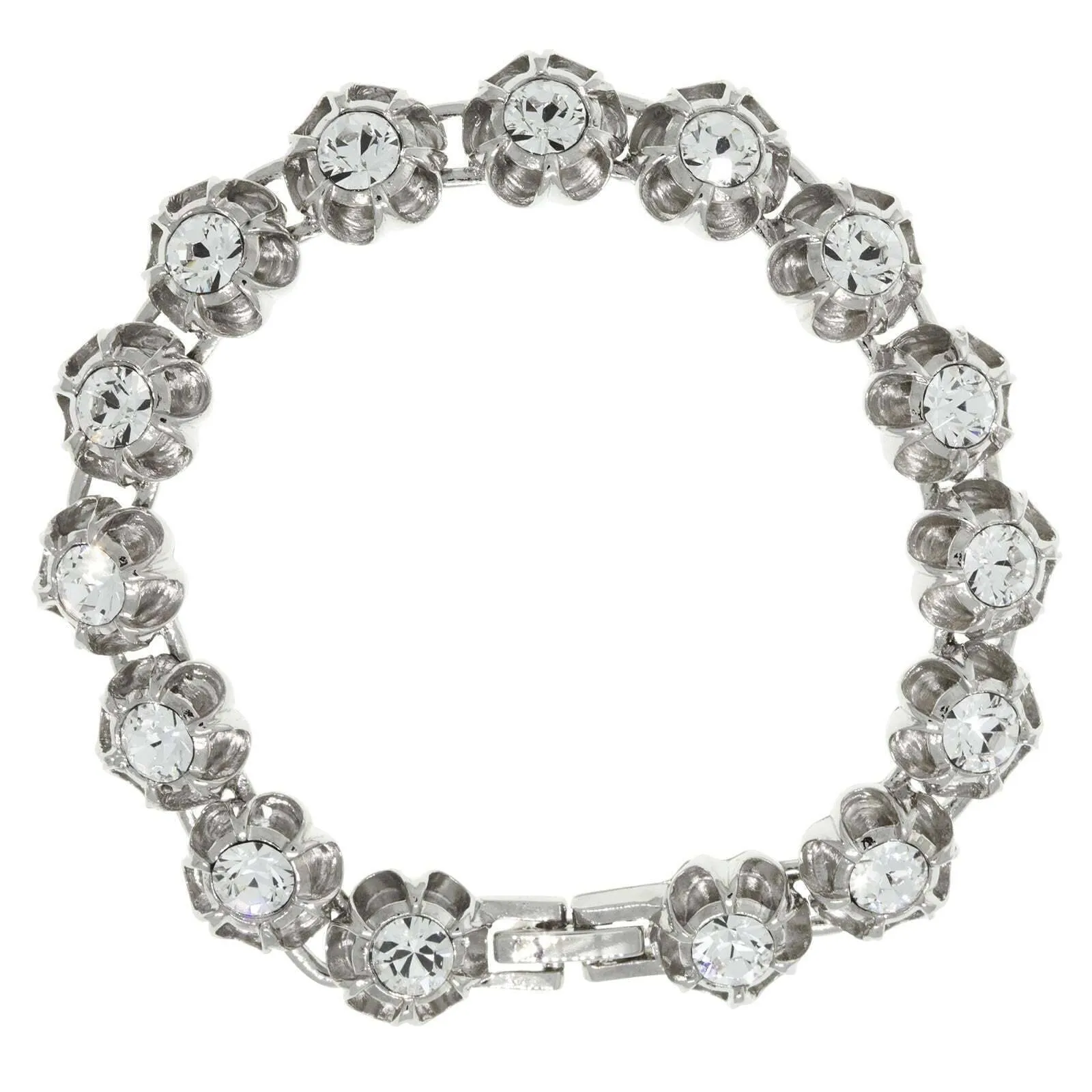 1928 Jewelry Round Brilliant Crystal Flower Clasp Bracelet. 7.25 Inch