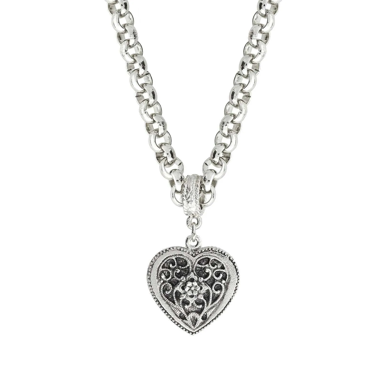 1928 Jewelry Silver Filigree Flower Heart Pendant Necklace 16"   3" Extender