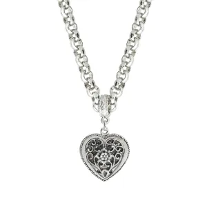 1928 Jewelry Silver Filigree Flower Heart Pendant Necklace 16"   3" Extender