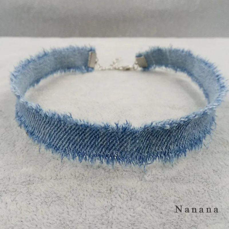 1CM Width Blue Denim Choker for Women Distressed Denim Jeans Choker Chockers Necklace Jewelry Collier  C345