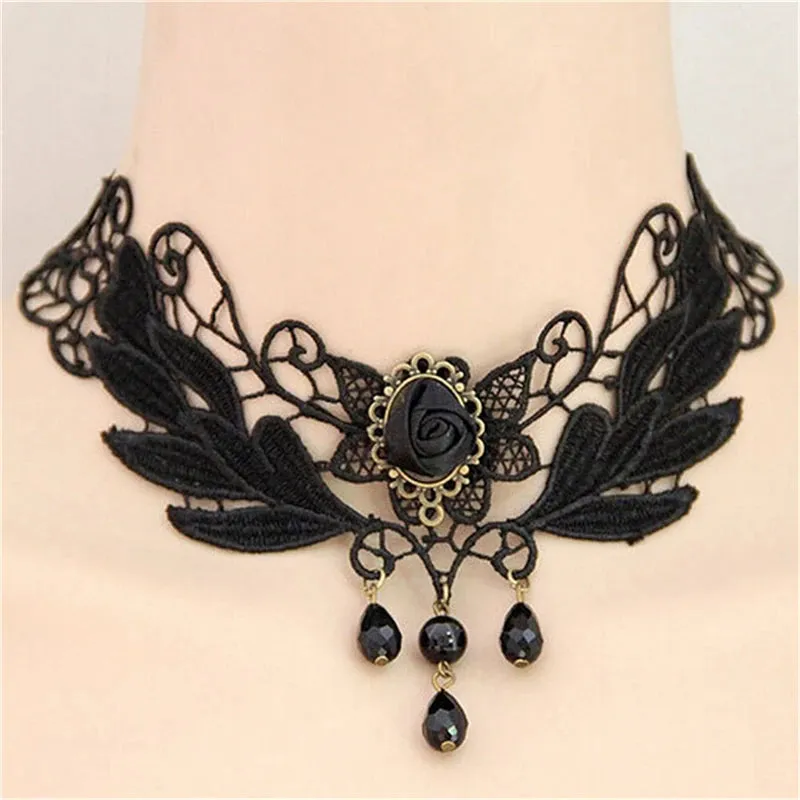 1PC Gothic Jewelry False Collar Statement Necklace | Women’s Style Black Fabric Rose Flower Beads Pendant Choker Lace Necklace