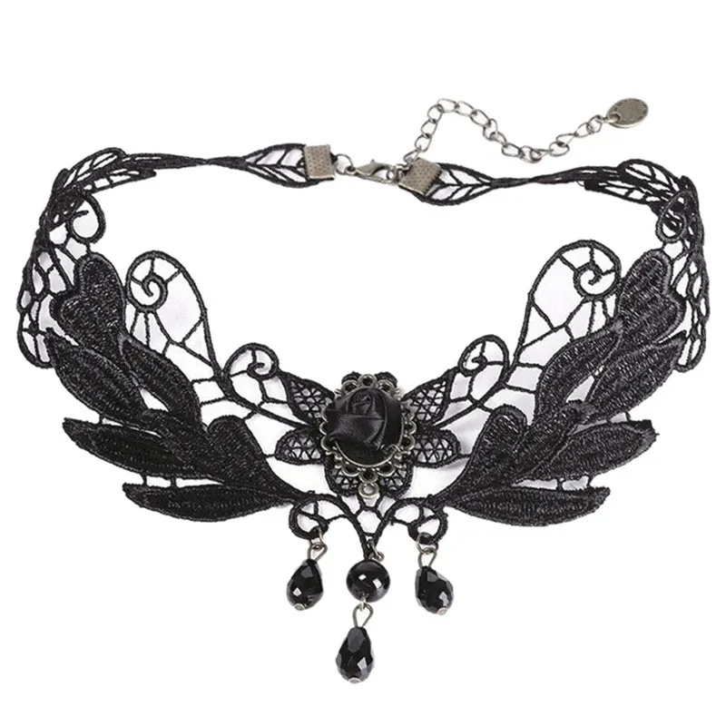 1PC Gothic Jewelry False Collar Statement Necklace | Women’s Style Black Fabric Rose Flower Beads Pendant Choker Lace Necklace