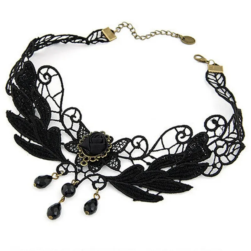 1PC Gothic Jewelry False Collar Statement Necklace | Women’s Style Black Fabric Rose Flower Beads Pendant Choker Lace Necklace