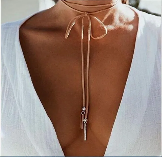 2 Pcs women Long Necklace Bare Back Gold silver crystal Rhinestone Pendant chain necklace backdrop beach body jewelry