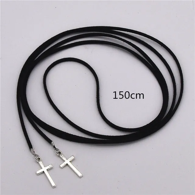 2016 Fashion Torques Pure Black Velvet Leather Feather Cross 150cm Long Necklace False Collar Chokers Necklace Women Jewelry