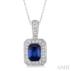 6x4 mm Emerald Cut Sapphire and 1/5 Ctw Round Cut Diamond Pendant in 14K White Gold with Chain