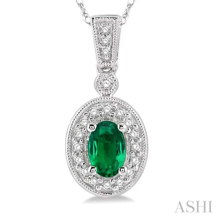 6x4 MM Oval Cut Emerald and 1/8 Ctw Round Cut Diamond Pendant in 14K White Gold with Chain